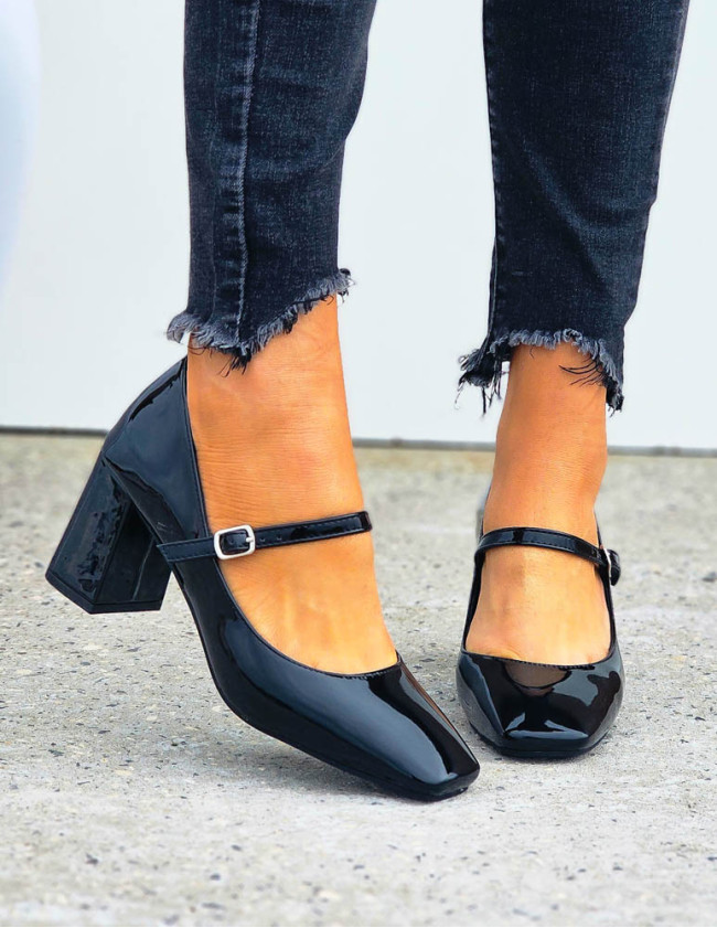 Eleganckie Klasyczne Lakierowane Czolenka Na Słupku z Paskiem