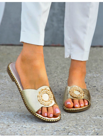 Złote Klapki Damskie Ze Skóry Naturalnej Marakesh