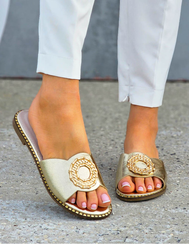 Złote Klapki Damskie Ze Skóry Naturalnej Marakesh