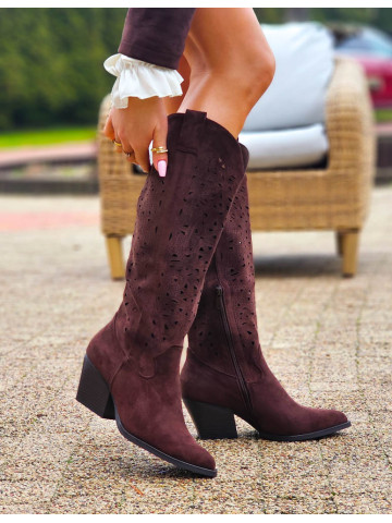 Czekoladowe Zamszowe Ażurowe Kozaki Kowojki Savas