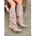 Beżowe Kozaki Na Niskiej Szpilce z Marszczoną Cholewką Jolia