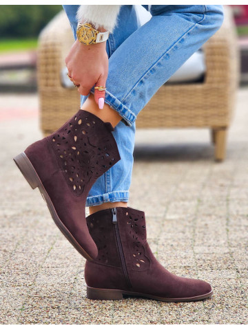 Czekoladowe Ażurowe Zamszowe Botki Damskie Płaskie Aves