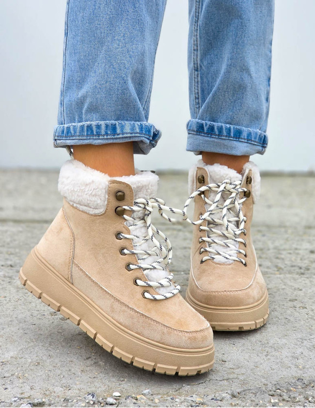 Beżowe Sportowe Zimowe Botki Damskie Śniegowce Cold