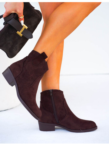 Czekoladowe Ażurowe Zamszowe Botki Szyblety Vanessa