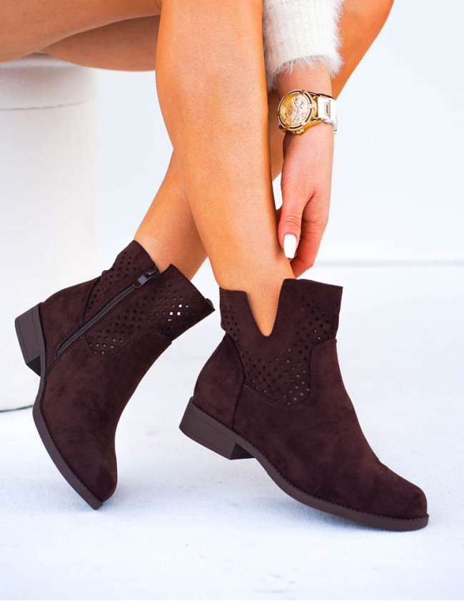 Czekoladowe Ażurowe Zamszowe Botki Szyblety Montenegro