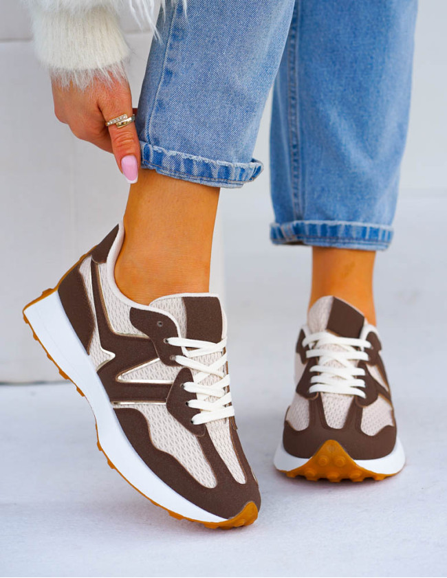Beżowo-Czekoladowe Sneakersy Buty Sportowe New Bancy