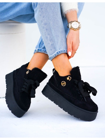 Czarne Buty Sportowe Botki z Kożuszkiem