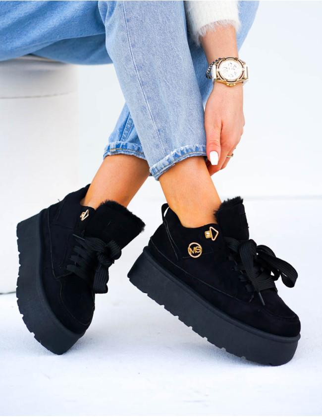 Czarne Buty Sportowe Botki z Kożuszkiem