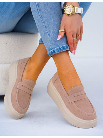 Premium Skórzane Półbuty Na Grubej Podeszwie Beżowe She