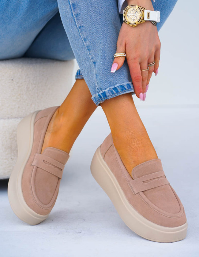 Premium Skórzane Półbuty Na Grubej Podeszwie Beżowe She