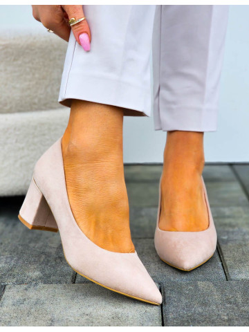 Beżowe Zamszowe Czółenka Damskie Na Niskim Obcasie Stilles