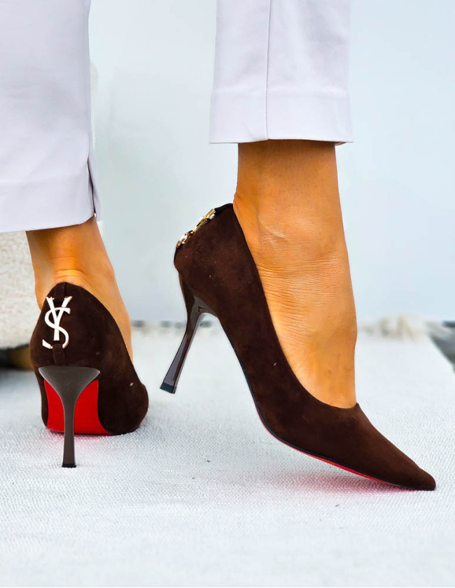 Eleganckie Czekoladowe Zamszowe Szpilki Czólenka Yes Saint