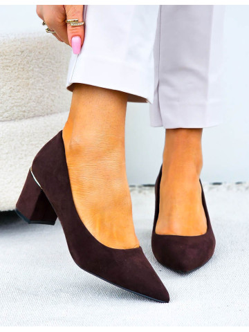 Czekoladowe Zamszowe Czółenka Damskie Na Niskim Obcasie Stilles