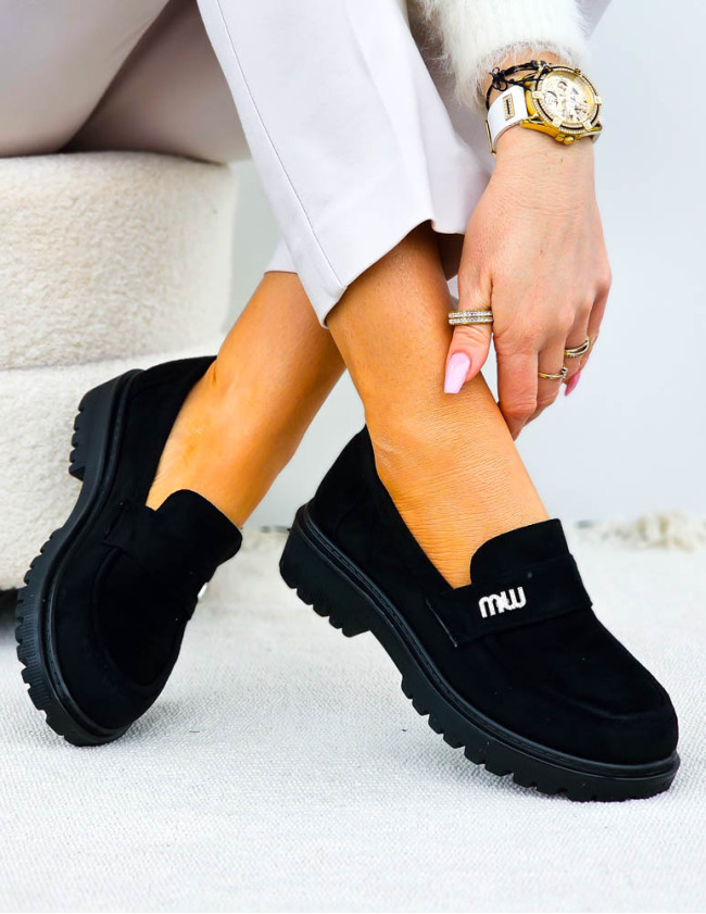 Czarne Zamszowe Mokasyny Na Platformie Niuniu