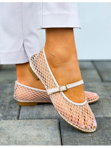 Beżowe Ażurowe Balerinki Na Paseczek Soraya