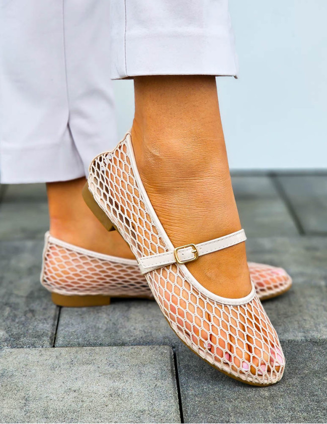 Beżowe Ażurowe Balerinki Na Paseczek Soraya