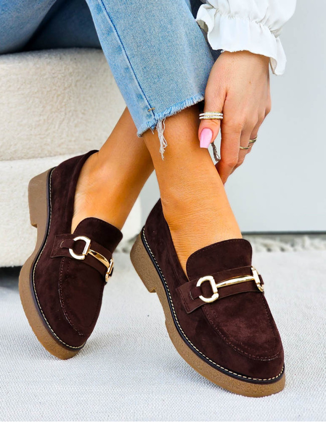 Czekoladowe Zamszowe Mokasyny Na Kauczukowej Podeszwie