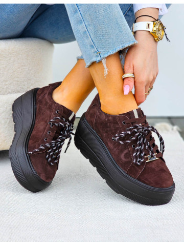 Premium Czekoladowe Skórzane Sportowe Półbuty Trampki Doris