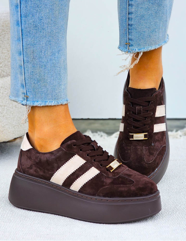 Premium Czekoladowe Skórzane Sportowe Półbuty Trampki Alissia