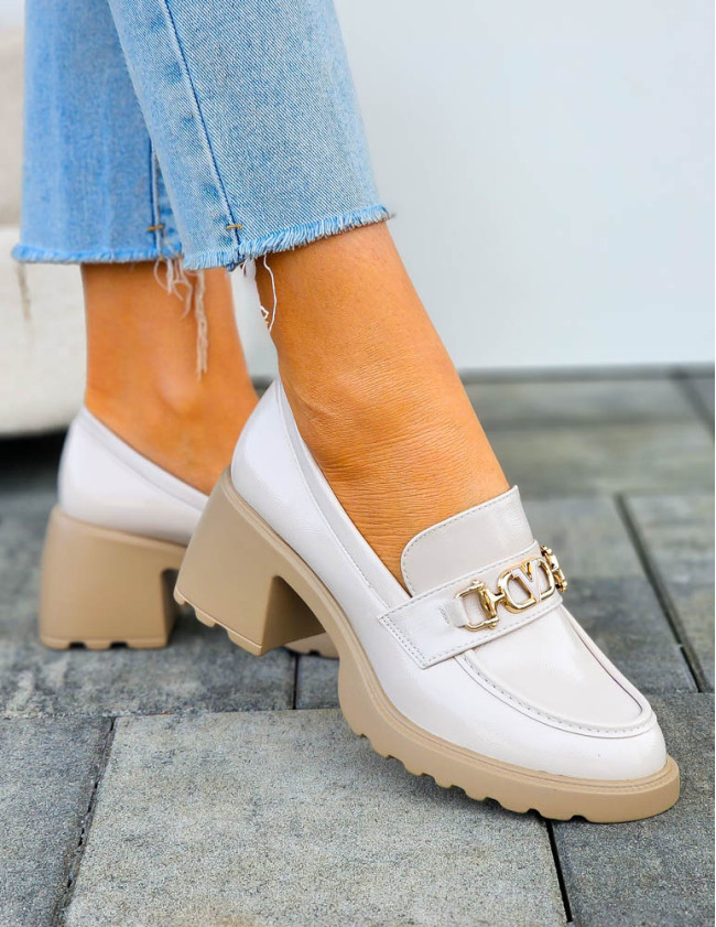 Beżowe Skórzane Półbuty Mokasyny Na Słupku Bellucci