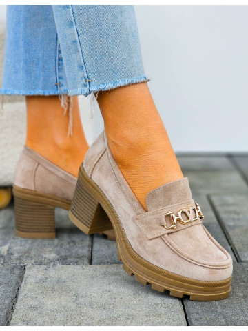 Beżowe Zamszowe Półbuty Mokasyny Na Słupku Monica