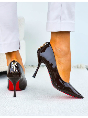 Eleganckie Czekoladowe Lakierowane Szpilki Czólenka Yes Saint