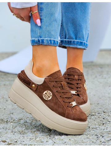 Premium Brązowe Skórzane Sportowe Półbuty Trampki Manolia