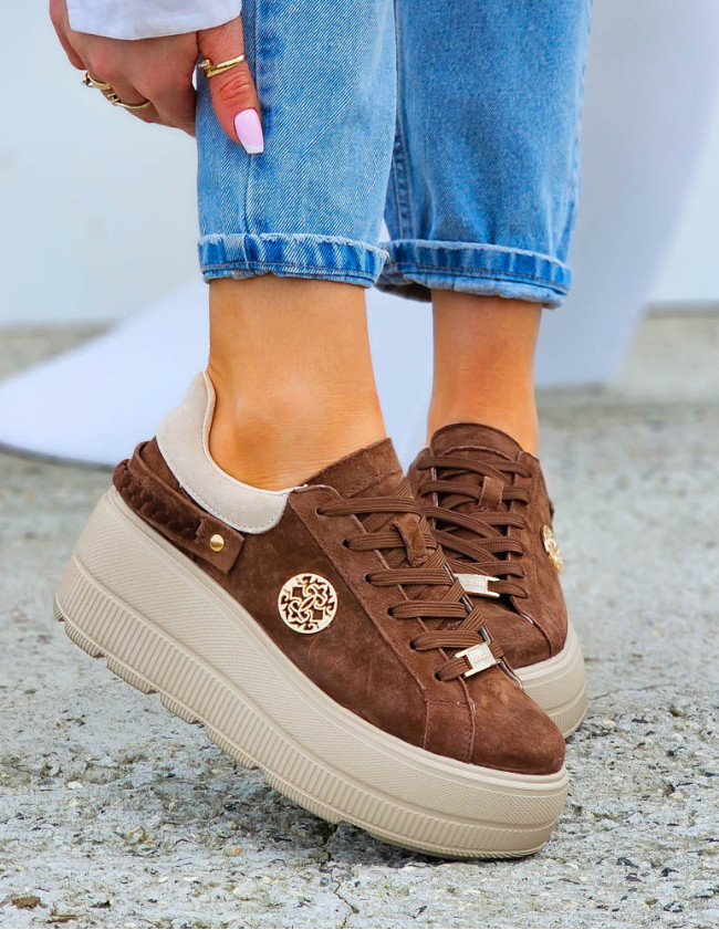 Premium Brązowe Skórzane Sportowe Półbuty Trampki Manolia