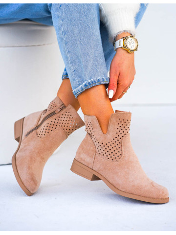 Beżowe Ażurowe Zamszowe Botki Szyblety Montenegro