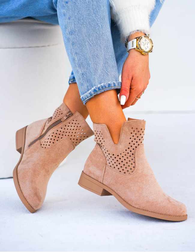 Beżowe Ażurowe Zamszowe Botki Szyblety Montenegro