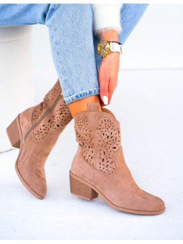 Brązowe Ażurowe Zamszowe Botki Kowbojki Mellisa