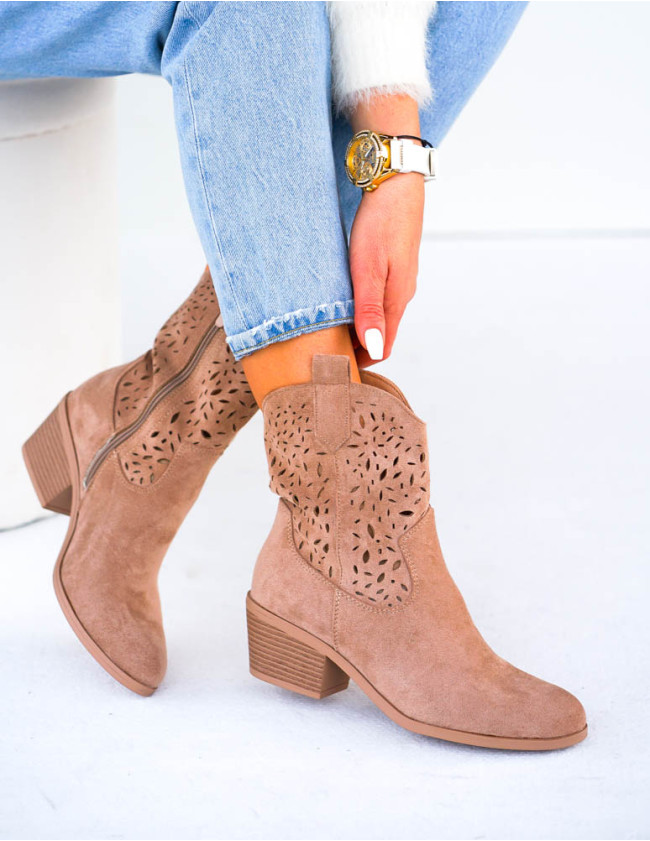 Brązowe Ażurowe Zamszowe Botki Kowbojki Mellisa
