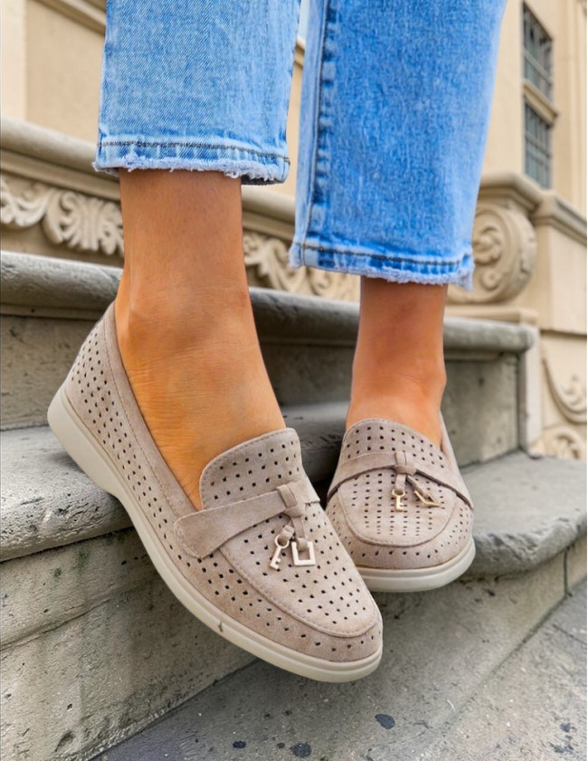 Ażurowe Zamszowe Mokasyny Baleriny Boho Collina