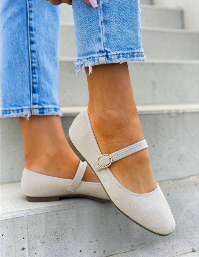 Beżowe Zamszowe Baleriny Połbuty z Paskiem Ravera