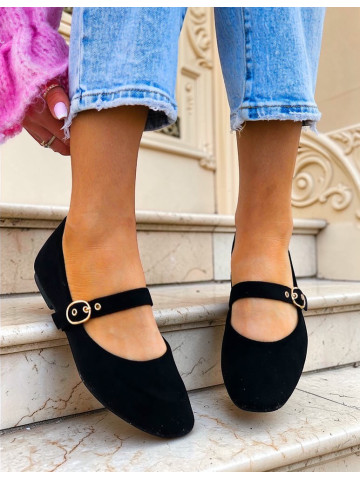 Czarne Zamszowe Baleriny Połbuty z Paskiem Eliss