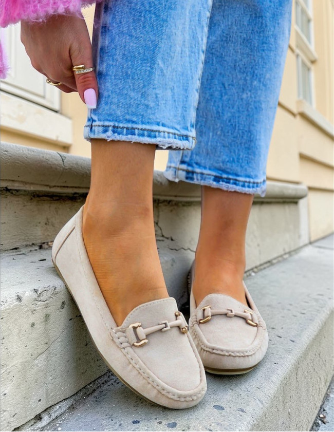 Beżowe Zamszowe Mokasyny Półbuty Baleriny Stella