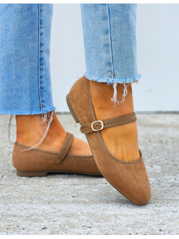 Brązowe Zamszowe Baleriny Połbuty z Paskiem Zava