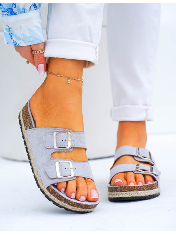 Szare Klapki Na Paski Korkowa Podeszwa Florense