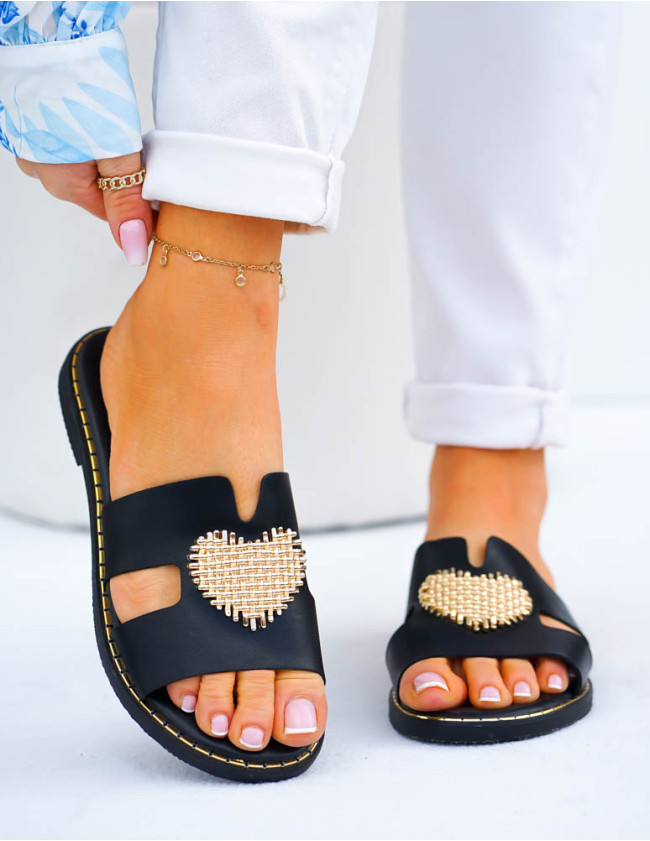 Klasyczne Klapki Ze Skóry Heart Czarne