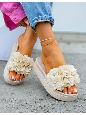 Lekkie Klapki Na Platformie z Kwiatami Little Beżowe