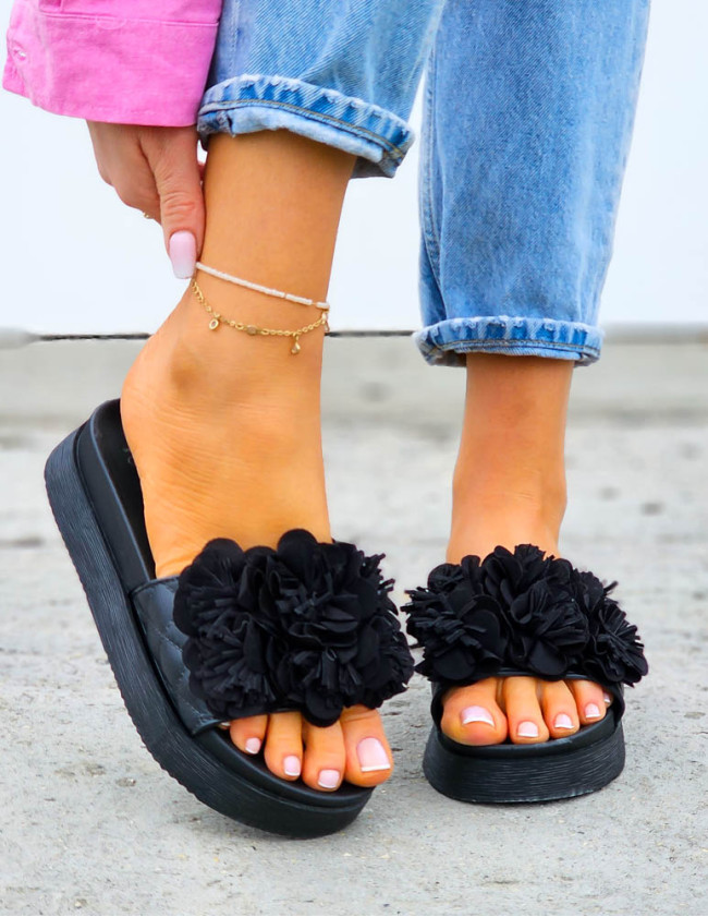 Lekkie Klapki Na Platformie z Kwiatami Little Czarne