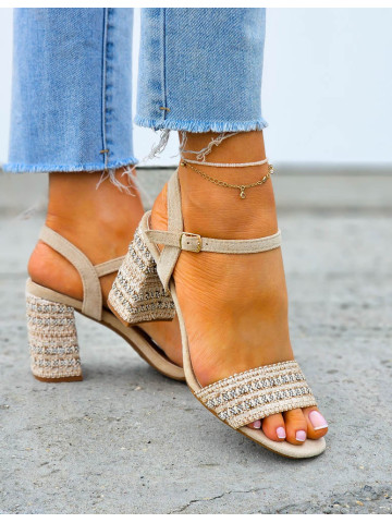 Beżowe Sandały Damskie Na Słupku Boho