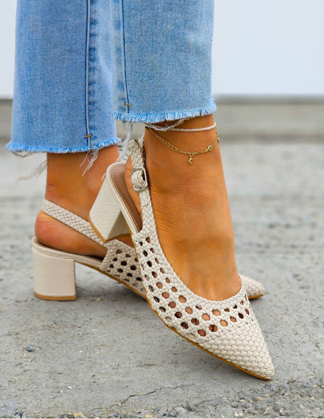 Beżowe Sandały Damskie Na Słupku z Spiczastym Noskiem Anabell