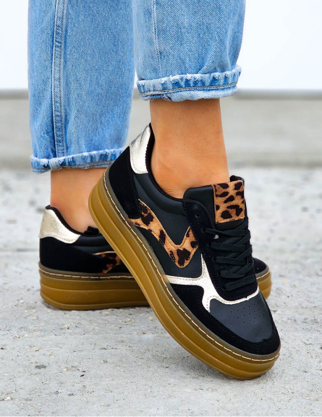 Buty Sportowe Sneakersy Czarne z Wstawką z Panterki