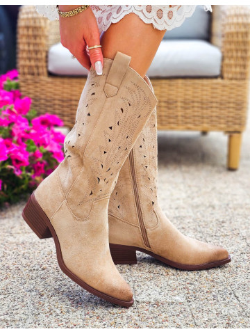 Beżowe Zamszowe Kozaki Kowbojki Ażurowe Hellen