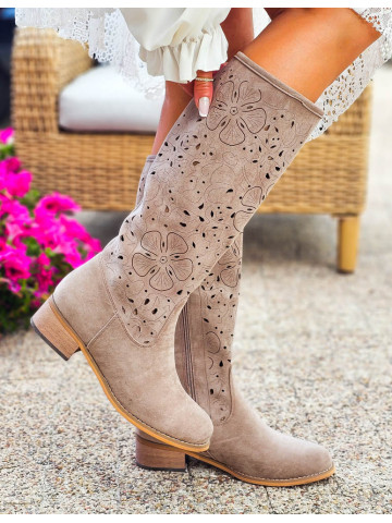 Brązowe Zamszowe Kozaki Kowbojki Ażurowe Anabell