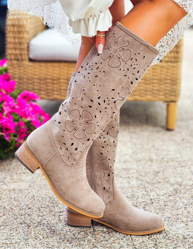 Brązowe Zamszowe Kozaki Kowbojki Ażurowe Anabell