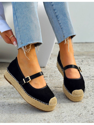 Czarne Zamszowe Baleriny Połbuty z Paskiem Na Platformie