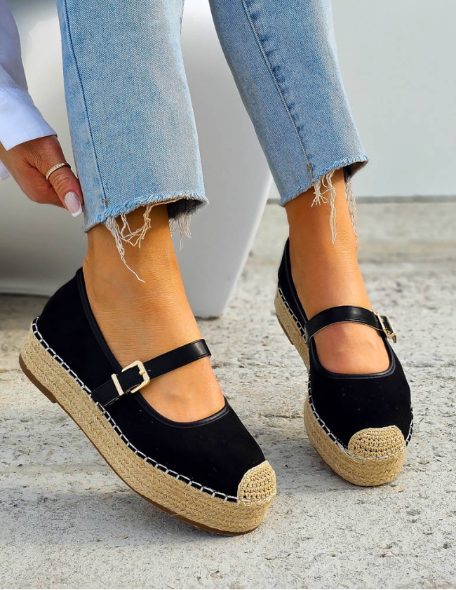 Czarne Zamszowe Baleriny Połbuty z Paskiem Na Platformie