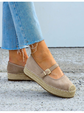 Beżowe Zamszowe Baleriny Połbuty z Paskiem Na Platformie